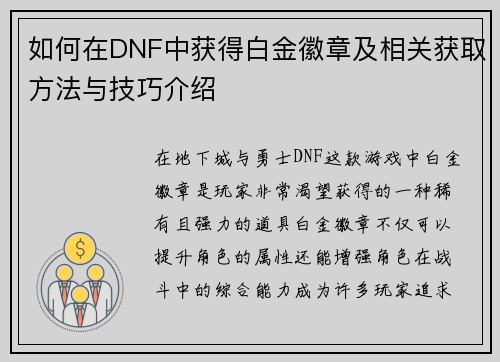 如何在DNF中获得白金徽章及相关获取方法与技巧介绍